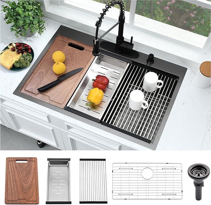 33 Inch Black Drop In Kitchen Sink- Bokaiya 33x19 Drop In Sink Kitchen Stainless Steel Topmount 16 Gauge 10" Deep Single Bowl Home Sinks with Cutting Board