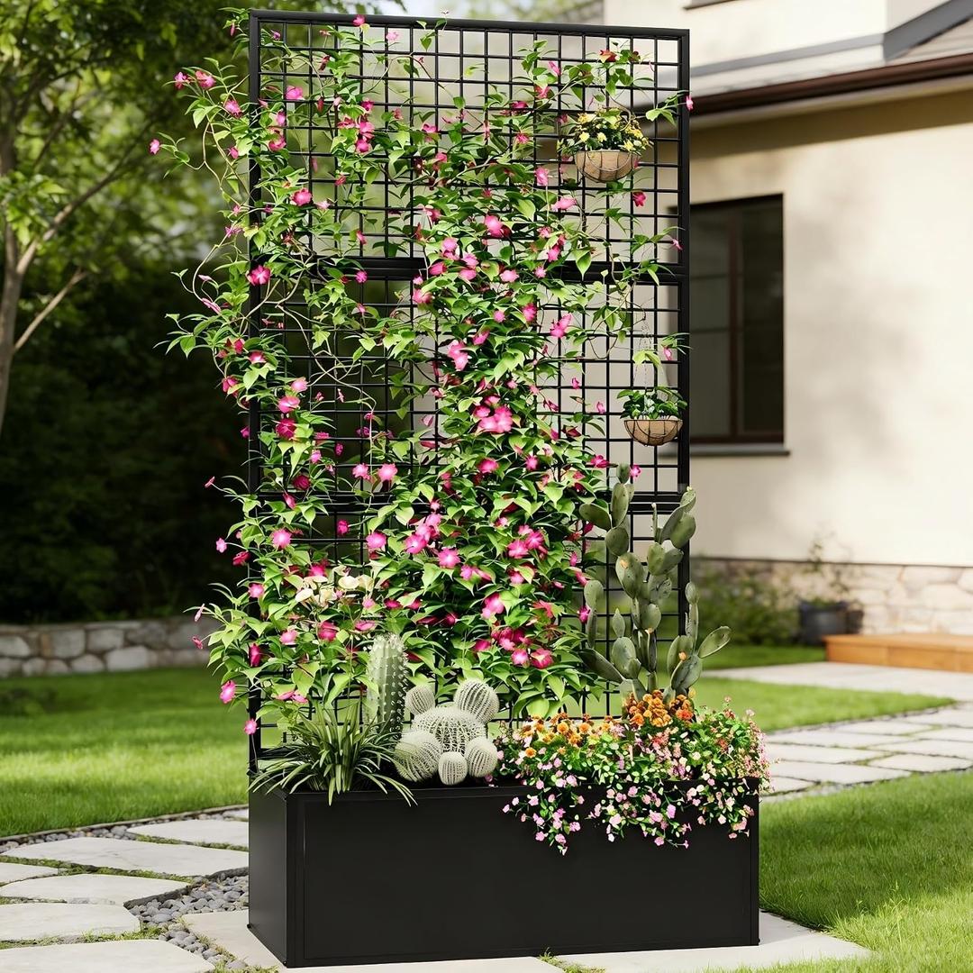 Privacy Planters for Patio Metal Raised Garden Bed with Trellis and Privacy Screen, 71" x 35" x 16" Planter Box with Drainage Holes for Climbing Plants, Vegetables, and Vines, Outdoor Backyard Black