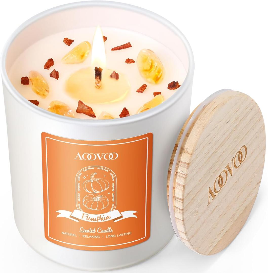AOOVOO Pumpkin Scented Candles for Women - Aromatherapy Candle with Crystals Inside, 10oz Soy Candles for Home Scented, Birthday Gifts Candle for Women Mom