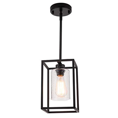 VILUXY Black Pendant Lights Kitchen Island Farmhouse Seeded Glass 1-Light Dining Room Pendant Lamp Fixtures Metal Cage Hanging Lights for Over Sink