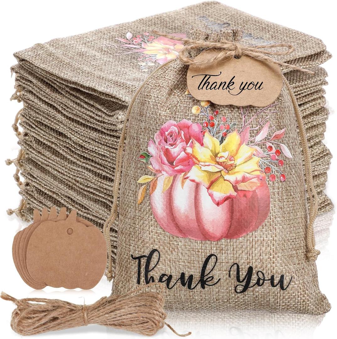 Wesnoy 50 Pcs Thanksgiving Burlap Gift Bags with Drawstring and 50 Pcs Tags 5x7 Autumn Fall Pumpkin Treat Bags Harvest Candy Goodies Sacks for Thanksgiving Party Favor DIY(Pink Pumpkin)