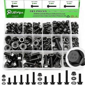Ruibapa 283Pcs Metric Flange Bolt Assortment,M6x1.0,M8x1.25, M10x1.5 (12mm to 30mm) Bolts and Nuts Assortment,10.9 Black Zinc Galvanized,Bolt Kit