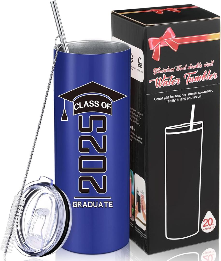 Patelai Class of 2025 Graduate Travel Mug for Her Him, Inspirational Graduation Gifts for College High School Student, 20 oz Insulated Water Tumbler with Straw Lid Brush(Dark Blue)