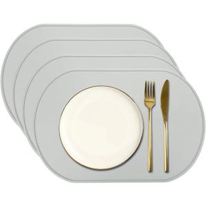 Uxcell 4 Pcs Oval Silicone Placemat, 15.4" x 10.4" Non-Slip Washable Table Placemats Heat Resistant Waterproof Mat with High Edge for Table Kitchen Desk Protection, Light Gray