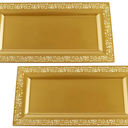 2 (pk) 14" x 7.5" Gold Lace Rim Plastic Serving Trays & Platters | Heavy Duty Disposable Decorative Dessert Tray - Party Platters for Upscale Parties Candy Cupcake Weddings