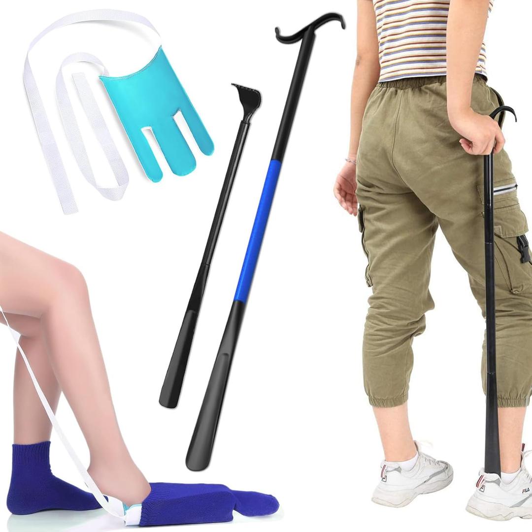 Sock Aids for Putting On Socks, Sock Assistant Device No Bending for Easy Dressing, Sock Helper Tool with Adjustable Extended Shoe Horn Long Handle, Back Scratcher for Seniors, Disabled, Pregnant (3pcs)
