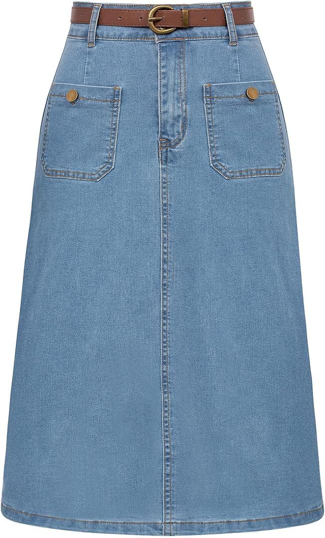 Belle Poque Denim Skirt with Belt Below Knee Length High Waisted Jean Skirts for Women Large