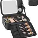Relavel Makeup Train Case With LED Mirror, Professional Travel Cosmetic Bag with Removable Partitions,Compact Makeup Organizer, Waterproof Toiletry Case for Women, Black