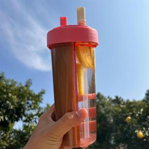 YYDSJFM Creative Water Cup,One Cup of Two Different Drinks Two Straws Couple Outdoor 600ml Drinking Cup for Camping Hiking Backpacking Travel Office (Pink)