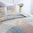 Cotton Bedspread Quilt Bedding Sets 3 Pieces Reversible Coverlet Sets Comforters Green Rose Floral Patchwork Bedspread, Queen Size