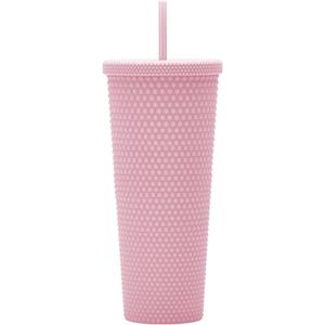 24oz Fully Studded Tumbler. Matte Light Pink Studded Tumbler with Lid and Straw. Reusable Double Walled Insulated Travel Tumbler.Plastic Acrylic Pastel Colored Tumbler Cup for Iced Coffee Smoothie.