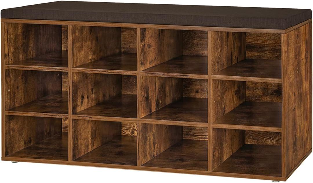 DINZI LVJ Shoe Storage Bench with Cushion, Cubby Shoe Rack with 12 Cubbies, Adjustable Shelves, Multifunctional Shoe Organizer Bench for Entryway, Mudroom, Hallway, Closet and Garage, Rustic Brown, 11.8"D x 40.9"W x 18.9"H