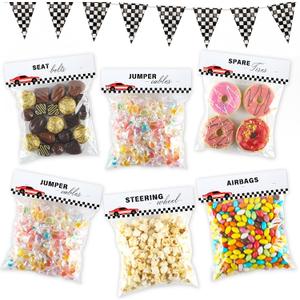 Teyva Daily 50 Sets Race Car Party Favor Bags Race Car Birthday Goodie Treat Bags with Checkered Flag Racing Tags and Stapler for Birthday Baby Shower Decorations Party Supplies, 5 Styles