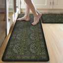 Collive Kitchen Mats for Floor, Cushioned Anti Fatigue Mat Dark Green Floral Rugs 2 Piece Non Skid Waterproof Sink Rug, Memory Foam Comfort Standing Mat for Office, Laundry, Desk