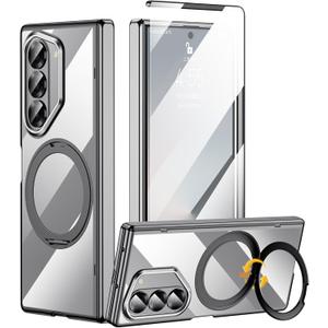 for Samsung Galaxy Z Fold 6 Non-Yellowing Case [Compatible with MagSafe] 360 Rotatable Ring Stand, Electroplated & Hinge Protection & Screen Protector, Magnetic Slim Clear Phone Case, Black