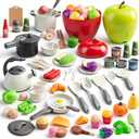 100Pcs Kitchen Playset, Kids Pretend Cooking Play Pots, Pans, Utensils, Cookware, Toy Food Fruits Veggies, with 2 Large Apple - Shaped Storage, Toddler Cooking Learning Gift (White)