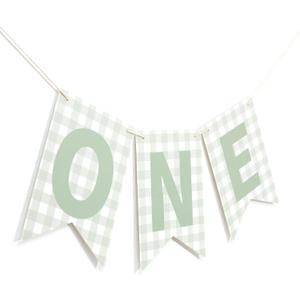 Sage Green Gingham One High Chair Banner - Green Gingham First/1st Birthday Decoration, Boy/Girl First/1st Birthday Highchair Banner