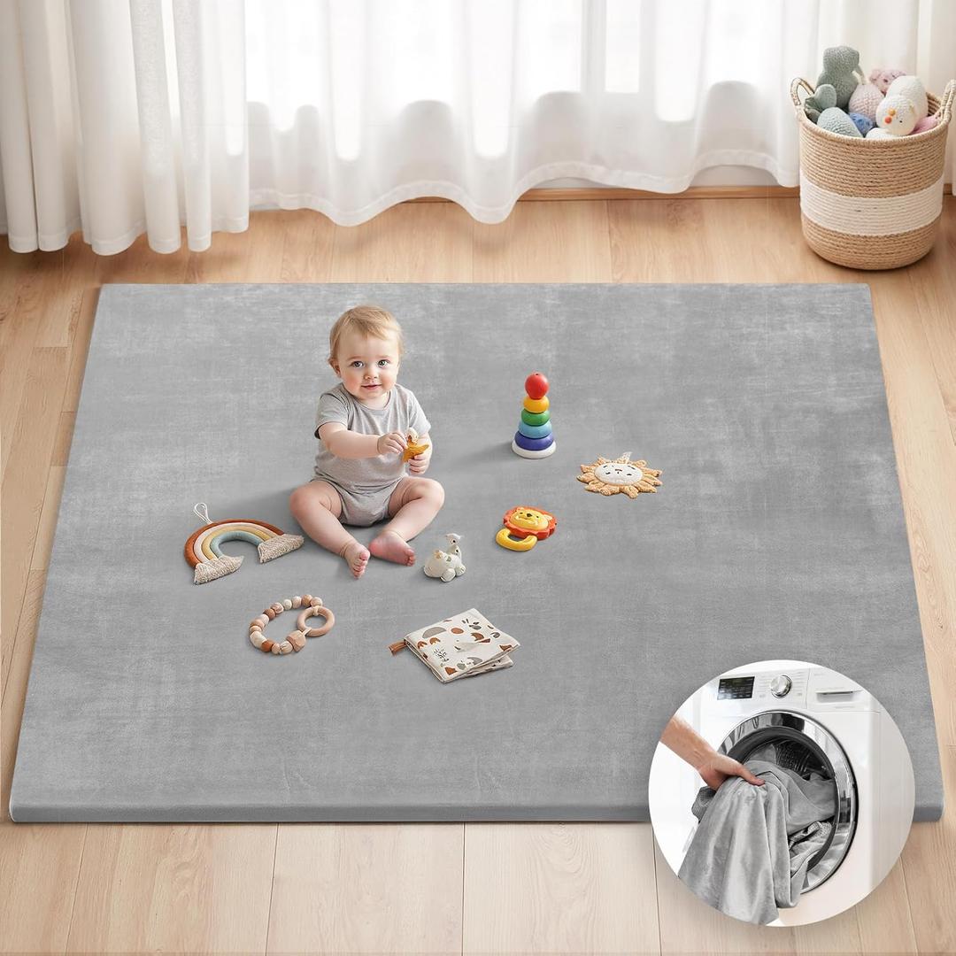 Blissful Diary Ultra Soft Baby Play Mat, 71x59 Extra Large Floor Mat with Removable & Washable Slip-On Cover for Babies and Toddlers, Light Grey