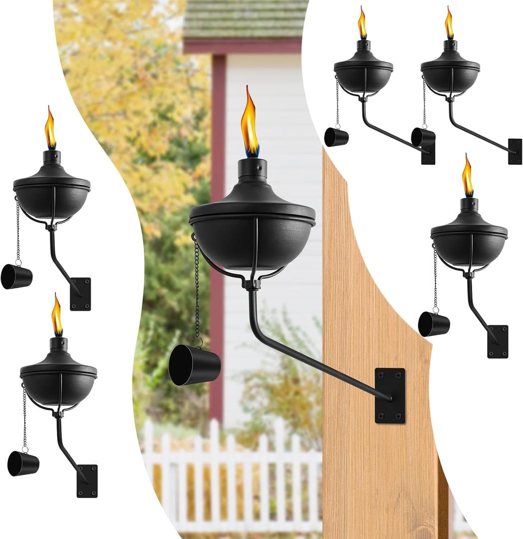 Wall Mounted Citronella Torches Set of 6, 24 oz Garden Torches for Outside, Refillable Flame Light Torch, Outdoor Metal Torch for Yard, Patio, Deck, Garden, Party, Landscape