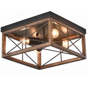 4 Lights Retro Farmhouse Pendant Light, Rustic Style Wood Frame Chandelier Lamp, Industrial Vintage Indoors Lighting Fixture for House Restaurant Cafe Bar (12.2" x 12.2" x 6.2" - Cages B)