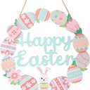 Easter Wreaths for Front Door, Colorful Bunny Eggs Wood Wreath, Wood Easter Decorations for Home, Happy Easters Sign for Indoor Outdoor Decor