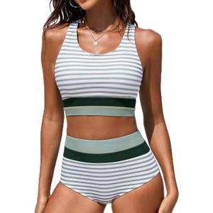 Women's High Waisted Bikini Sets Two Piece Swimsuit Color Block Sporty Athletic Moderate Coverage Bathing Suits (L)