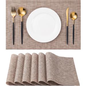Placemats Set of 6 Washable Indoor/Outdoor Vinyl Place Mats for Dining Table Durable Non-Slip Heat Resistant PVC Weave Table Mats（Khaki）