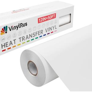 VinylRus Heat Transfer Vinyl-12 x 50ft White Iron on Vinyl Roll for Shirts, HTV Vinyl for Silhouette Cameo, Easy to Cut & Weed