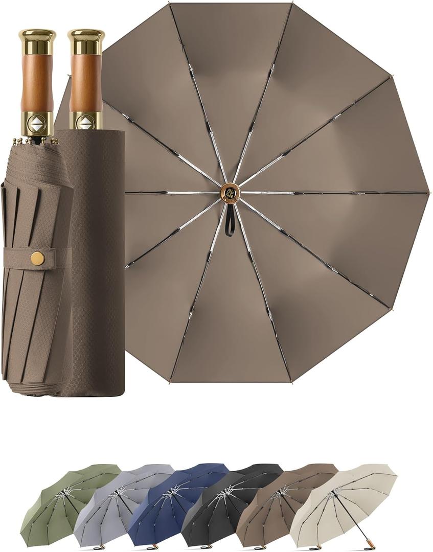 Rain Cats Large Umbrella 45 Inch diameter Umbrellas for rain Strong10 Ribs Fiberglass Windproof big Compact Automatic portable Folding Travel/Thick Fabric/Wood handle