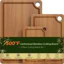 Bamboo Wood Cutting Board for Kitchen Bread Boards 3-Piece Wooden Boards with Juice Grooves, Side Handles