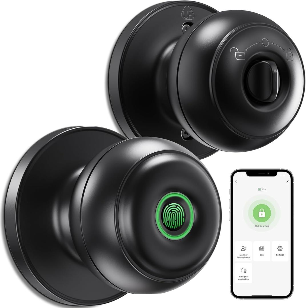 GeekTale Fingerprint Door Lock for Bedrooms, Fingerprint Door Knob with Lock, Smart Door Lock, App Control, Back-up Keys, Thumbprint Door Knob for Bedrooms, Office, Apartment (Polished Black)