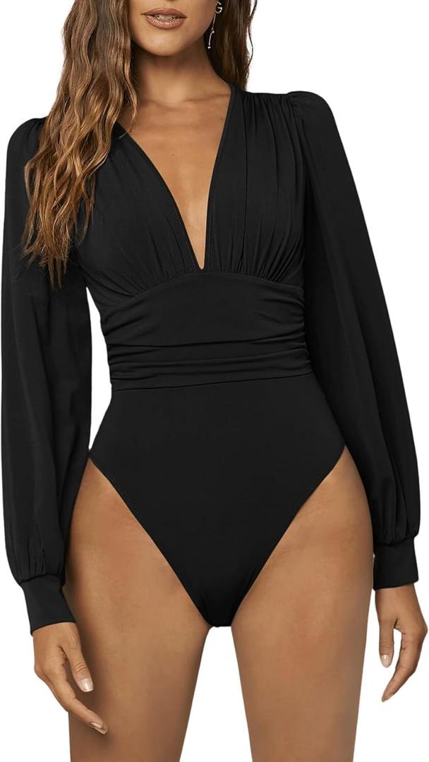 GORGLITTER Women's Sexy Ruched Deep V Neck Long Sleeve Bodysuit Plunging Neckline Leotard Shirts (Medium, Black)