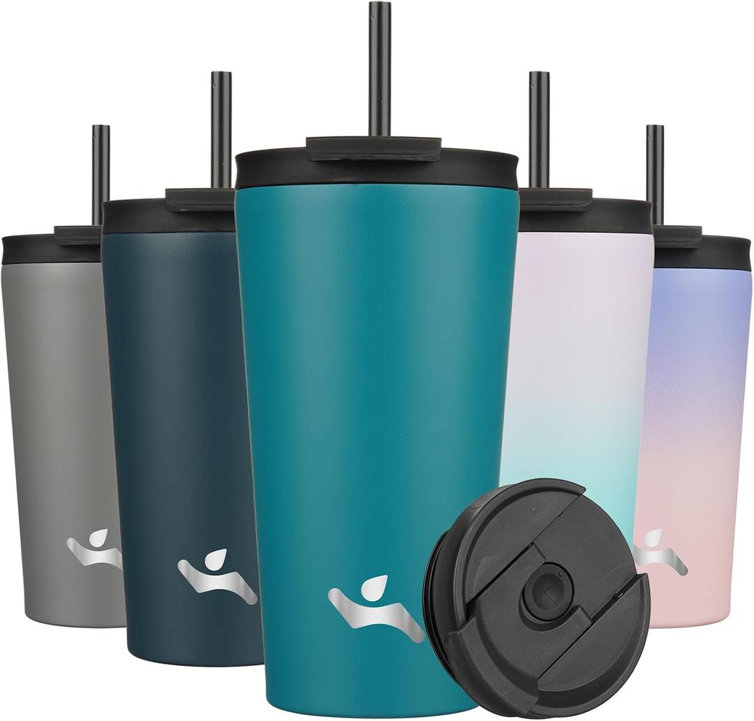 18 OZ Insulated Tumbler with Lid and 2 Straws Stainless Steel Water Bottle Vacuum Travel Mug Coffee Cup,Blue