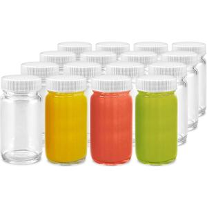 Glass Juice Shot Bottles Set - Wide Mouth for Juicing, Beverage Storage, Liquids, 2 oz, Clear with White Caps, Reusable, Leak Proof, Jars (16 pack)