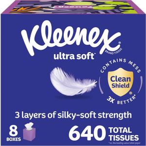 Kleenex Ultra Soft Facial Tissues, 8 Cube Boxes, 80 Tissues per Box, 3-Ply, Packaging May Vary (White)
