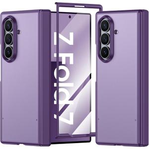 for Samsung Galaxy Z Fold 7 Case with Screen Protector & Built-in Hinge Protection, Skin Feel Ultra Thin Stylish Translucent Matte PC, Wireless Charging Durable Shockproof Cover for Z Fold 7-Purple