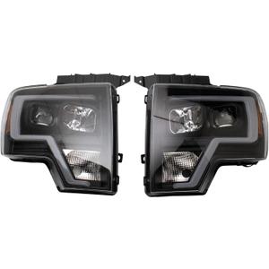 TRQ 2 Piece Headlight Assembly Set Performance Halogen LED Light Bar Black Bezel Driver & Passenger Side Compatible with Ford F-150 2009-2014 FO2502287 FO2503287 FO2502289 FO2503289