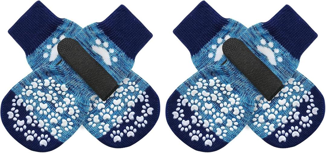 EXPAWLORER Anti Slip Dog Socks to Prevent Licking Paws, Dog Shoes for Hot Pavement, Dog Booties for Small Medium Large Senior Dogs, Traction Control Dog Boots & Paw Protectors for Hardwood Floors (X-Small (4 Count), Blue)