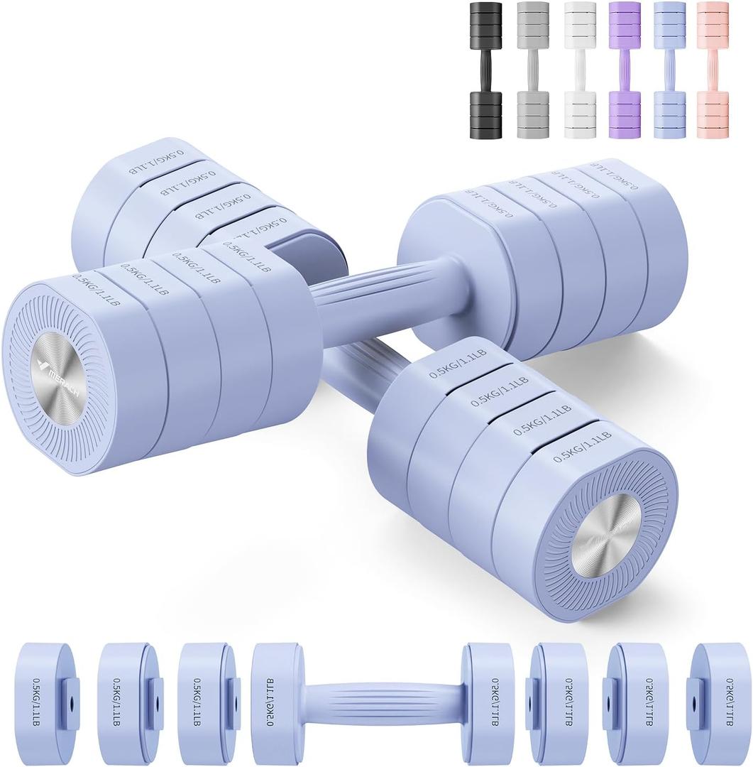 MERACH Dumbbell Set of 2, Adjustable Weight, Anti-slip Handle, Macaron Colors, Each 2.2/4.4/6.6/8.8 lbs, 4 in 1 Hand Weights for Women at Home, Blue 