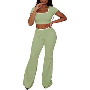 Ulovmi Womens Sets 2 Piece Outfits Short Sleeve Crop Square Neck Top Wide Leg Pants Summer Casual Lounge Set, Green Medium