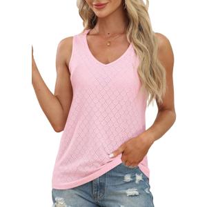 Bluetime Womens Tank Tops Eyelet Embroidery V Neck Flowy Shirts Summer Sleeveless Casual Blouse, L, Pink