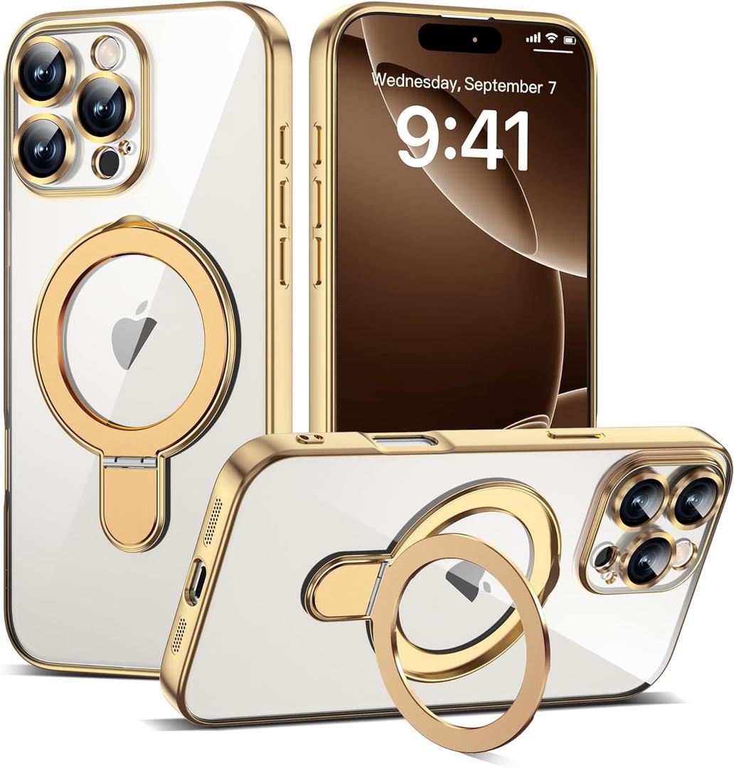 Compatible with iPhone 16 Pro Max Case with Invisible Magnetic Ring Stand [Compatible with Mag-Safe] [Full Camera Lens Protector] Plating Clear Phone Case for iPhone 16 Pro Max 6.9", Gold