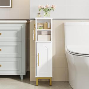 Bathroom Storage Cabinet, Corner Floor Cabinet with Door & Shelves, 2Hooks, Small Narrow Storage Organizer, Toilet Paper Cabinets for Small Space, White SC16313G