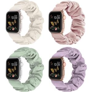 Recoppa Compatible for Apple Watch Band Scrunchie 38mm 40mm 41mm 42mm 44mm 45mm 46mm Cute Printed Elastic Solo Loop Bands Women Bracelet Strap for iWatch Series 10 9 8 7 6 5 4 3 2 1 SE, 4 Packs (Pink/Green/Starlight/Lavender)