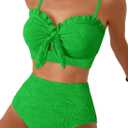 Herseas Womens 2 Piece Bikini Sets Textured High Waisted Tummy Control 2026 Summer Swim Suits Ruffle Supportive Bathing Suit Trendy Green Beach Swimming Essentials Large