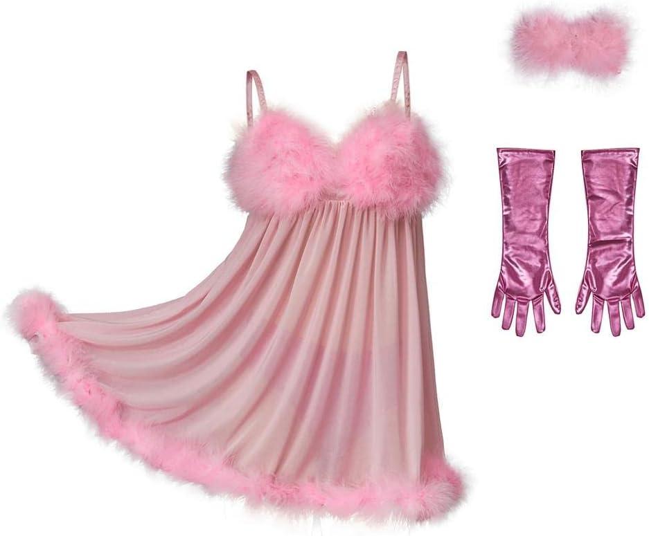 MyheroCos Fembot Cosplay Costume Pink Fembot Dress Women's Sexy Feather Lingerie Pink Negligees