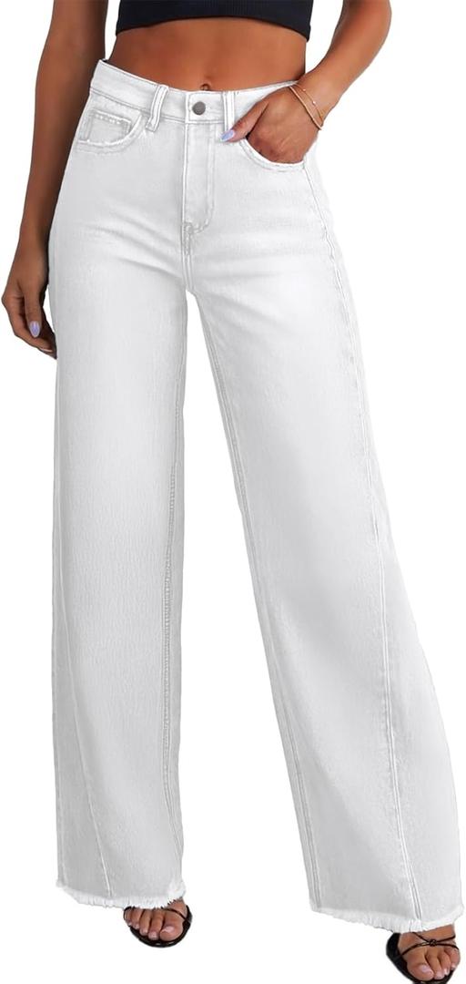 Sidefeel Women's Wide Leg Jeans High Waisted Stretchy Raw Hem Zimbaplatinum Denim Pants (6, White)