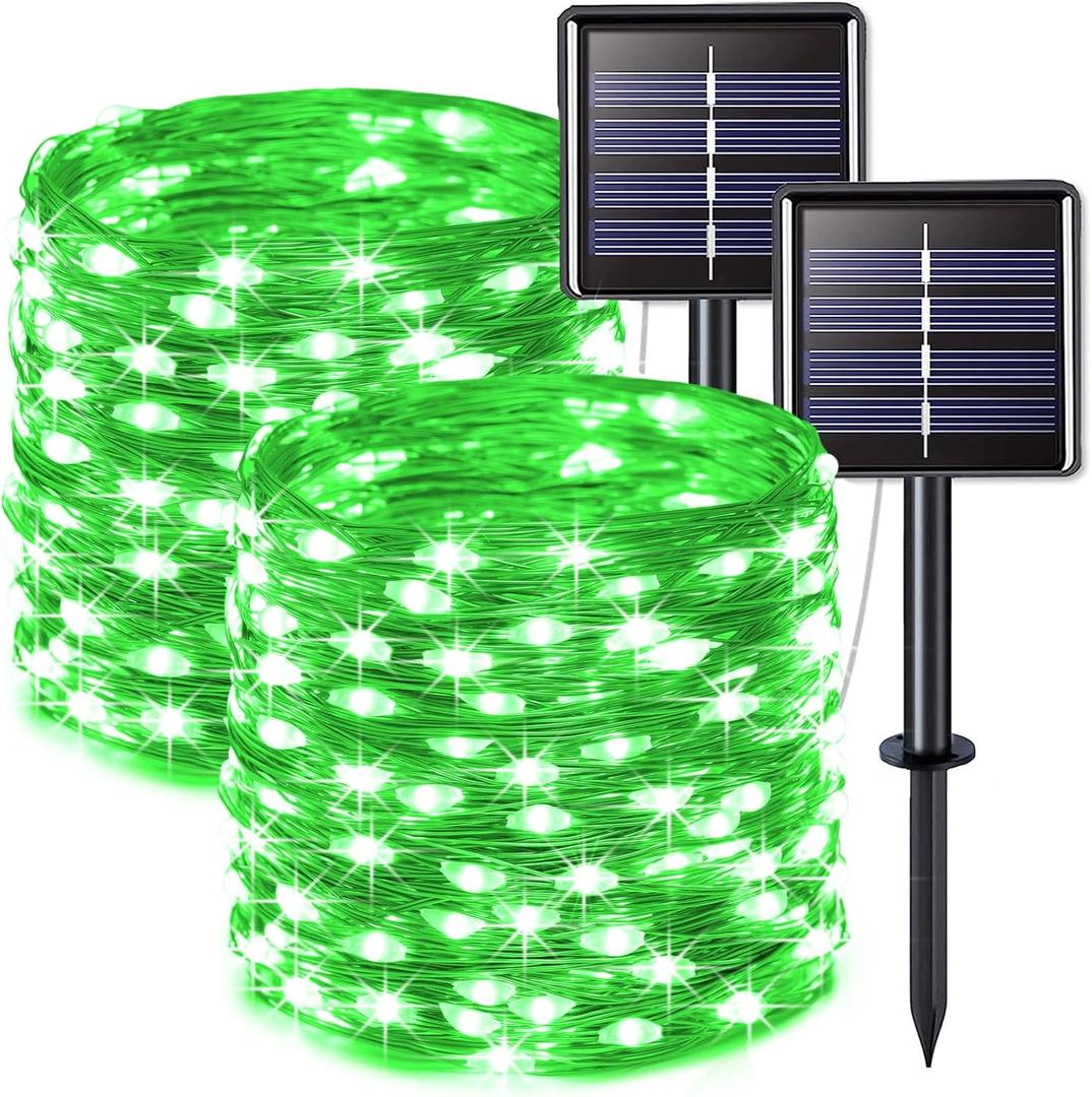 JMEXSUSS 2 Pack St Patricks Day Solar Lights, Each 33ft 100 LED Green Solar Lights Outdoor, Waterproof Fairy String Light for Outside Patio Garden Party Tree Christmas Decorations