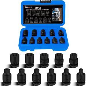 11PCS 3/8" Drive Impact Bits Sockets Set, Tapered Male Square Drive, Chamfered Female Square Drive