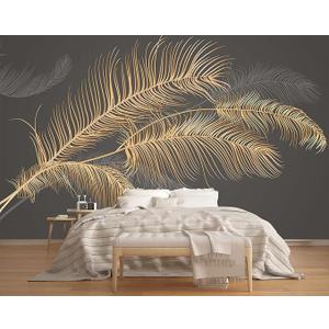 Black and Gold Feather Wallpaper Huge Banana Leaf Mural Wallpaper for Bedroom Living Room TV Background (Not Peel n' Stick)